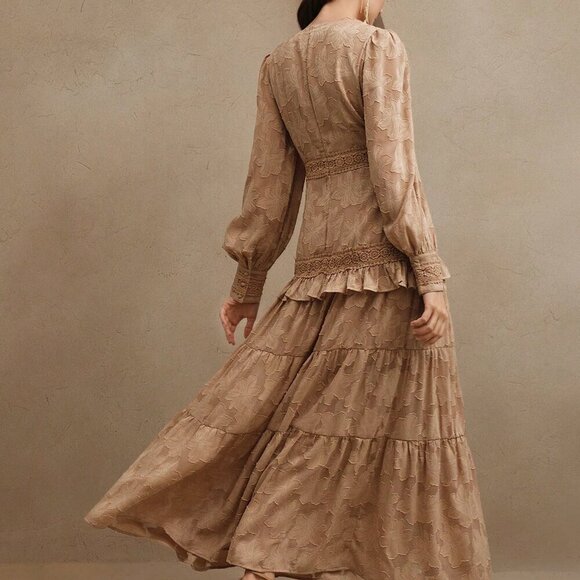 Khaki Elegant Womens Ruched V-Neck Puff Sleeve Slim Fit Maxi Dress - Picture 2 of 7